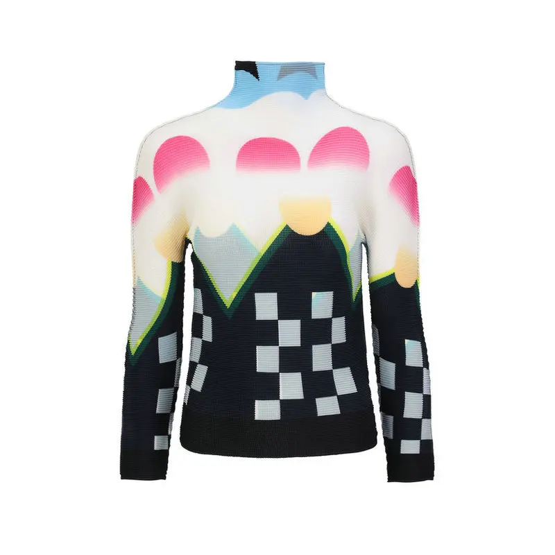 

TVVOVVIN для женщин с длинным рукавом стрейч-футболка лето 2021 новый модный принт с высоким, плотно облегающим шею воротником тонкий плиссирован...