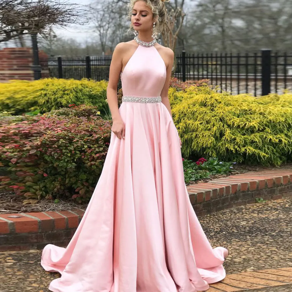 

Pink A-line Party Dresses Halter Sweep/Brush Beading Evening Dresses Sleeveless 2021 Open back high quality Party Gowns Fashion