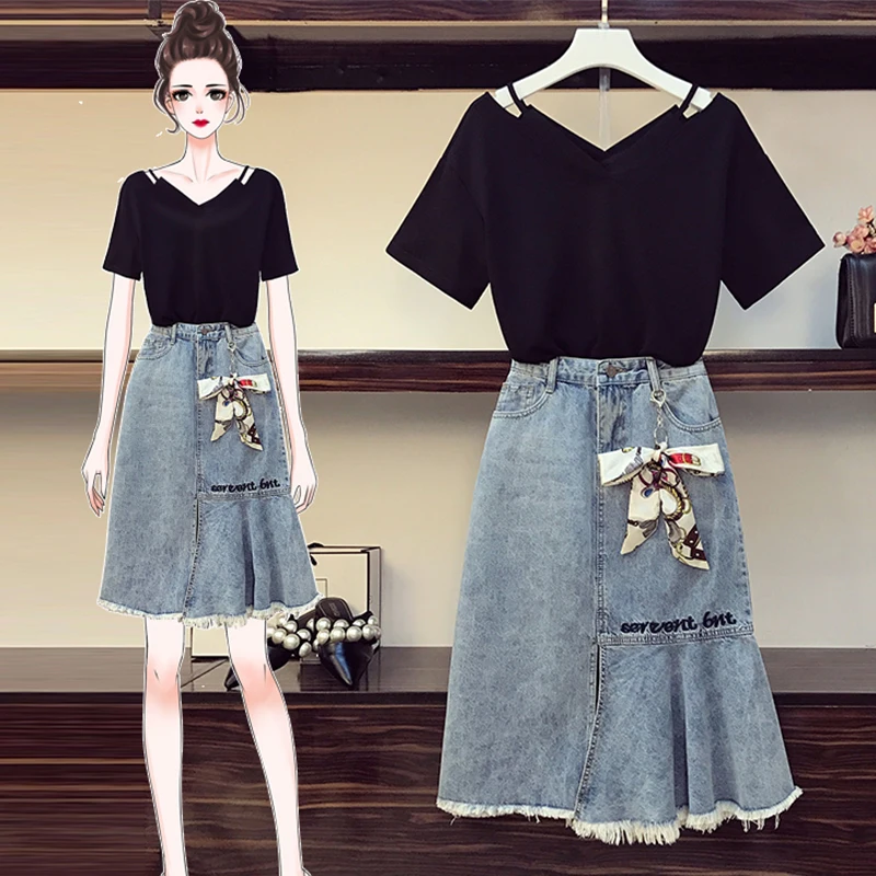 

Large size women's dress 2021 summer new fat sister mm Slim foreign style age reducing covered meat denim skirt two piece set