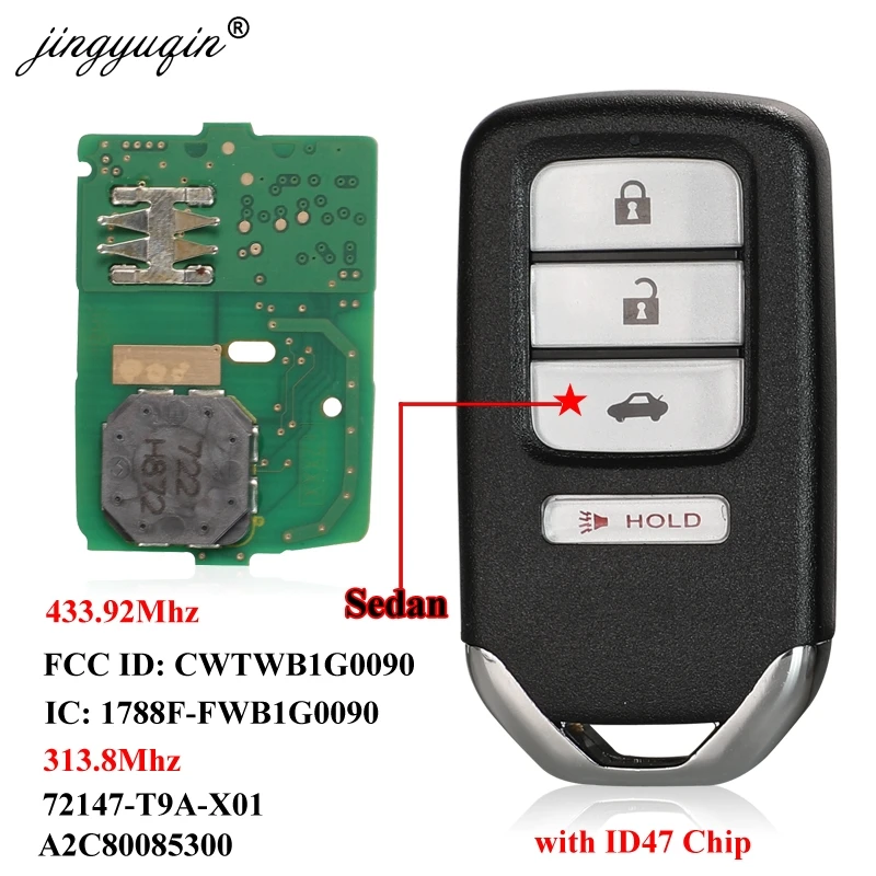 Mando a distancia inteligente jingyuqin 4BTN sedán llave de coche 433,92/313,8 Mhz para Honda City 2015-2016 Accord NCF2952X ID47 Chip 72147-T9A-X01