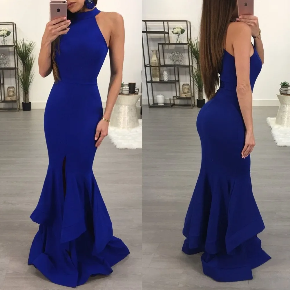 Сексуальная Bodycon вечерние платье Элегантное синее платье с рюшами и длинными Русалка Вечерние Для женщин без рукавов; сезон лето; женская обувь черного цвета с лямкой на шее Макси платья клуб