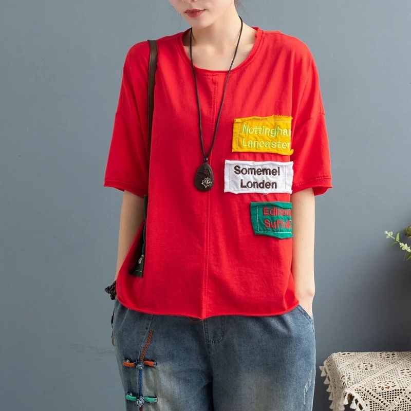 

Casual Loose Short Sleeve Tees And Tops Summer Newest Solid Color Tshirts Contrast Pasted Cloth Letter Embroidery Burr T-shirt