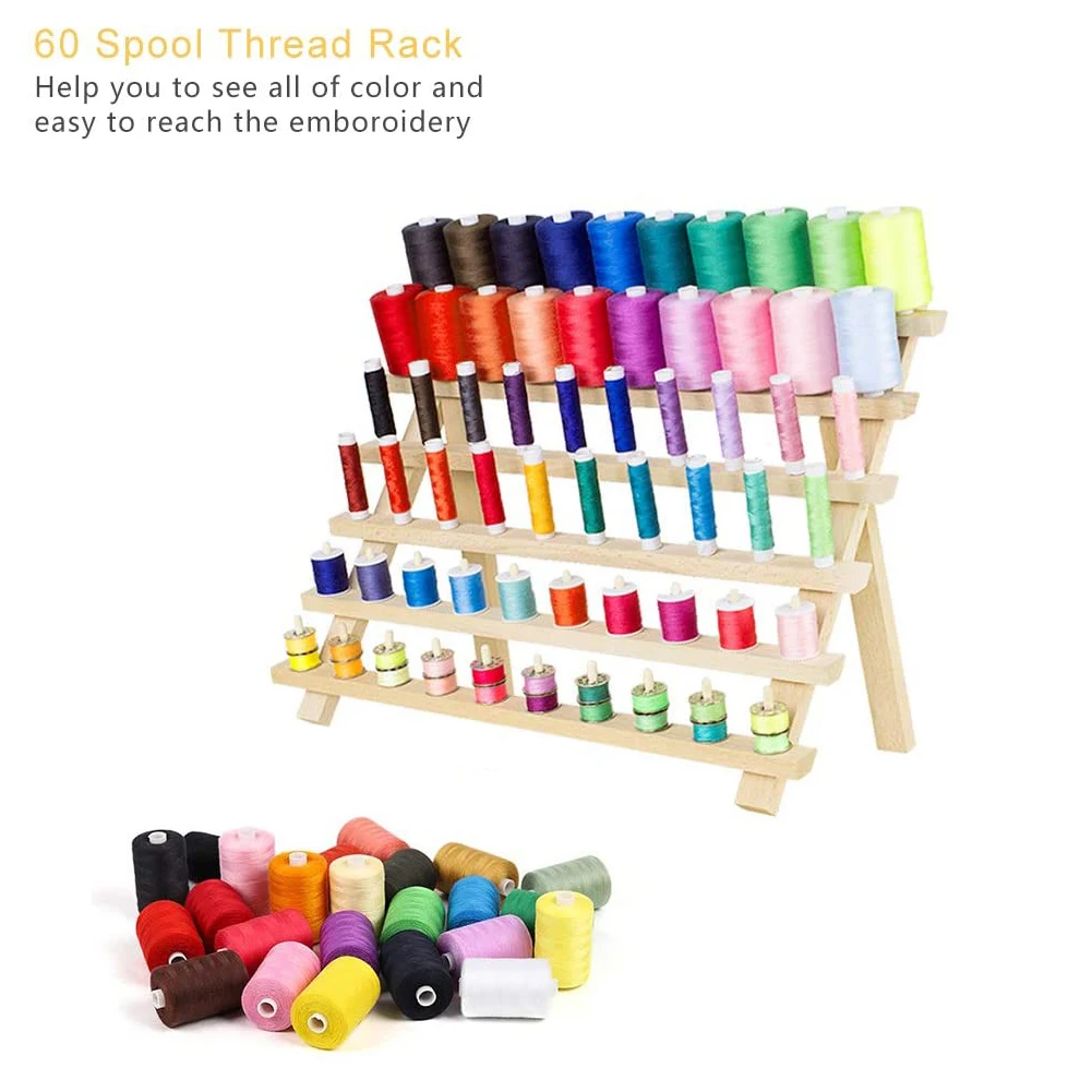 

60 Spool Foldable Wood Thread Stand Rack Holds Organizer With Hanging Hooks Cone Embroidery Machine Sewing Storage Holder