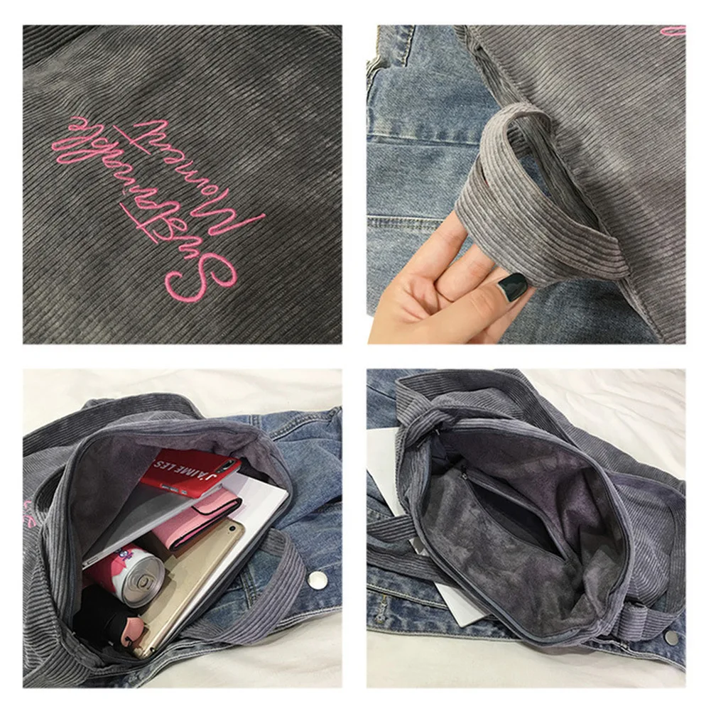 

Women Corduroy Shoulder & Crossbody Bags Female Eco Cloth Handbag Large Capacity Zipper Totes Soft Embroidery Messenger Bag