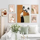 Настенная картина на холсте, модная девушка, кот, зеленые растения, скандинавские постеры и принты, абстрактные настенные картины для декора гостиной