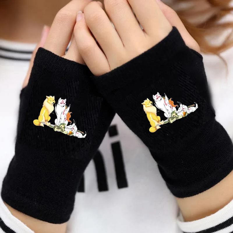 

Anime Natsume yuujinchou Gloves Warm Winter Fingerless Cartoon Half Finger Knitted Black Warm Thick Gloves Costumes Accessories