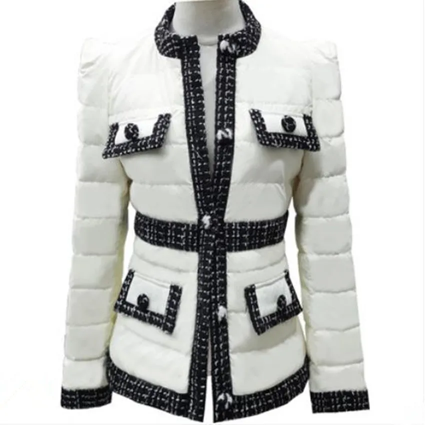 

Small fragrance winter stitching white down jacket women o-neck medium length light outwear