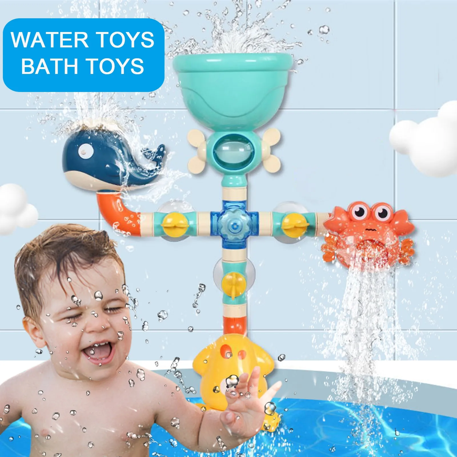 

Baby Bath Toys Bathtub Suction Cup Toy Safe Material Pipe Connection Shower Toy