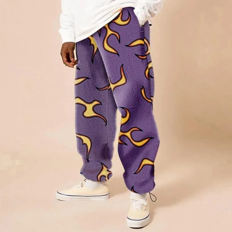 

Autumn and winter graffiti color matching men's trousers lamb cashmere print elastic waist casual pants