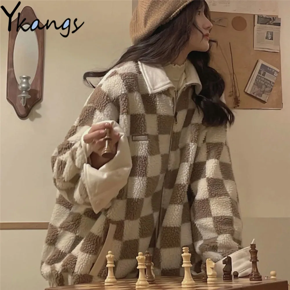 

Двусторонняя одежда, Шахматное пальто из искусственной овечьей шерсти, плотное пальто-карго, осенне-зимние теплые женские куртки, свободна...