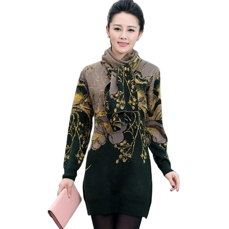 XJXKS 2022 New Women Wool Sweater Knit Middle-aged Mother Dress Autumn And Winter Plus Size Thickening Long With Scarf | Женская одежда