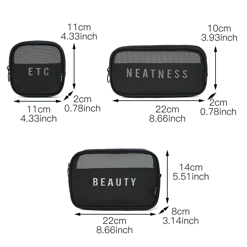 

Travel Zipper Cosmetic Clear Mesh Letter Print Pouch Organizer Wash Underwear Breathable Storage Toiletry Necessaries 3PCS Set