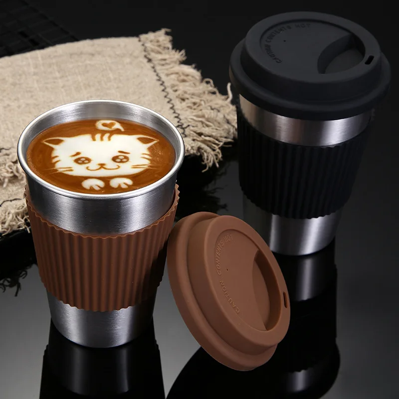 

Creative 304 Stainless Steel Coffee Cup Beer Tea Mug with Silicone Lid Anti-scalding Coffeeware Travel Tableware Home Supplies