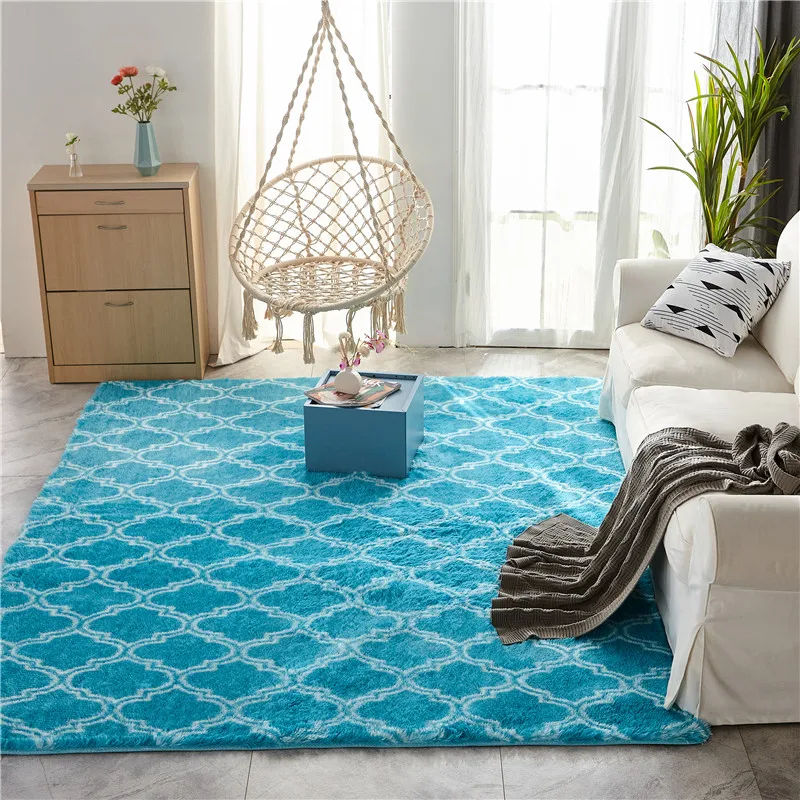 Синий ковер в скандинавском стиле с длинными волосами для журнального столика