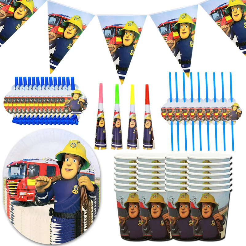 

Fireman Sam Theme Birthday Party Tableware Banner Paper Cup Plate Fire Truck Balloon Party Supplise Boy Baby Shower Decor