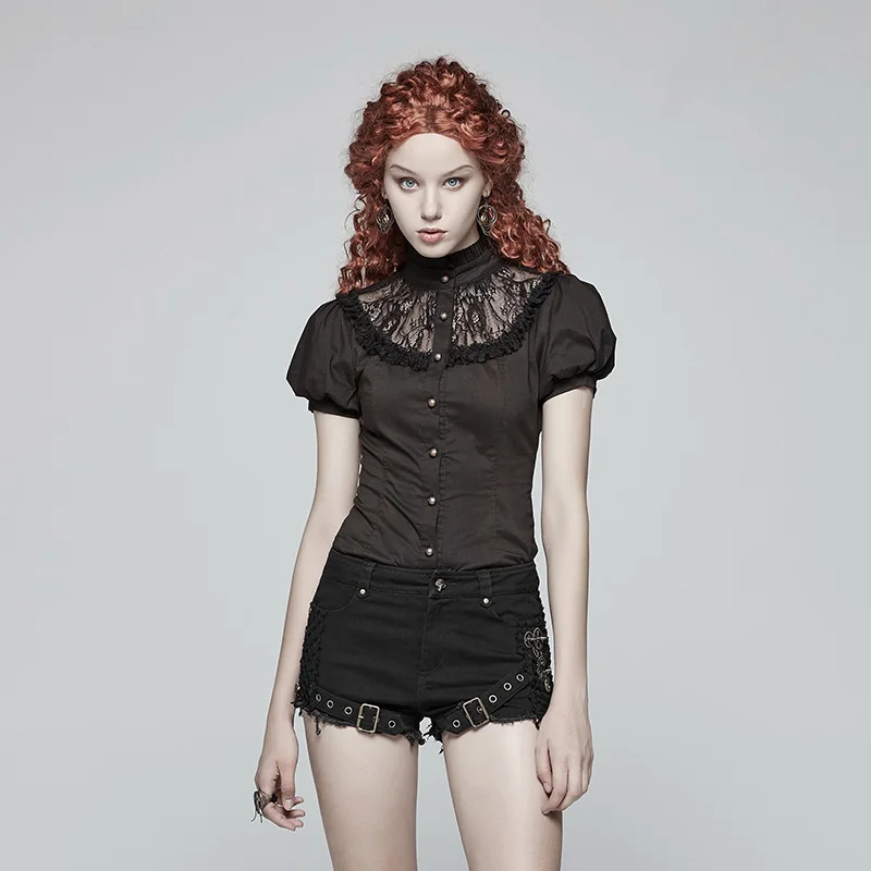 Женская футболка в стиле панк с пышными рукавами и кружевным цветком стимпанк