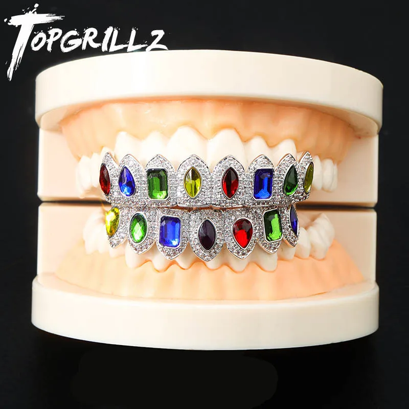 TOPGRILLZ Hip Hop Men's Top & Bottom Teeth Gold Silver Color False Teeth Grillz Set Bump Lattice Dental Grills For Body Jewelry
