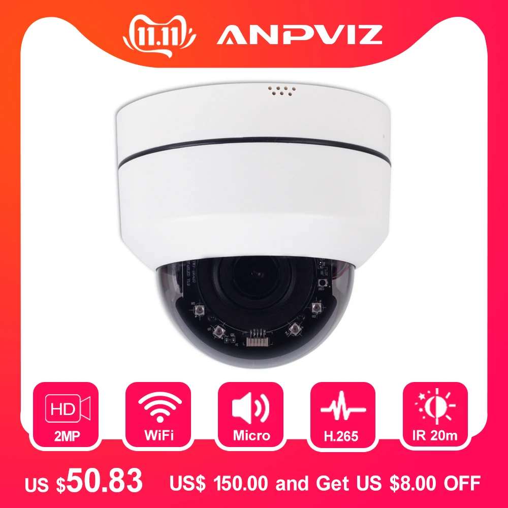 2 мегапиксельная мини купольная WiFi PTZ IP камера для помещений 1080P Беспроводная 4