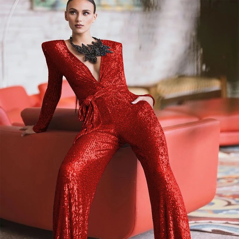 Wholesale New Red Long Sleeve Sequins Deep V-Neck Fashion Christmas Sexy Celebrity Party Straight Jumpsuits