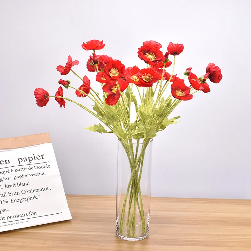 

2pcs Simulation Flowers Fake Silk Flower Material Props Decoration Home Furnishings 4 Poppies Simulation Wedding Arrangement