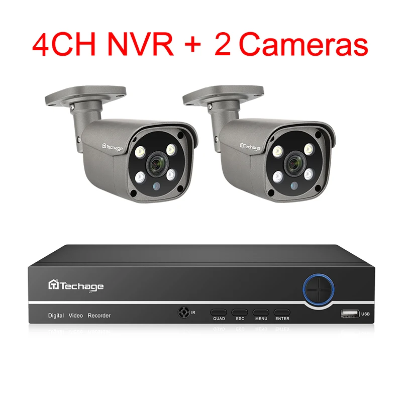 Techage H.265 4CH 5MP POE NVR комплект системы видеонаблюдения двухсторонняя аудио AI IP камера ИК Открытый водонепроницаемый видео безопасности комплект наблюдения - Цвет: 4CH NVR and 2 Camera