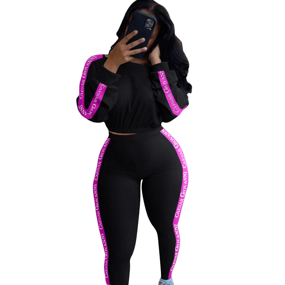 

Casual Sports Suit Women's Fashion Stitching Long-Sleeved Top Pencil Pants Two-Piece Suit