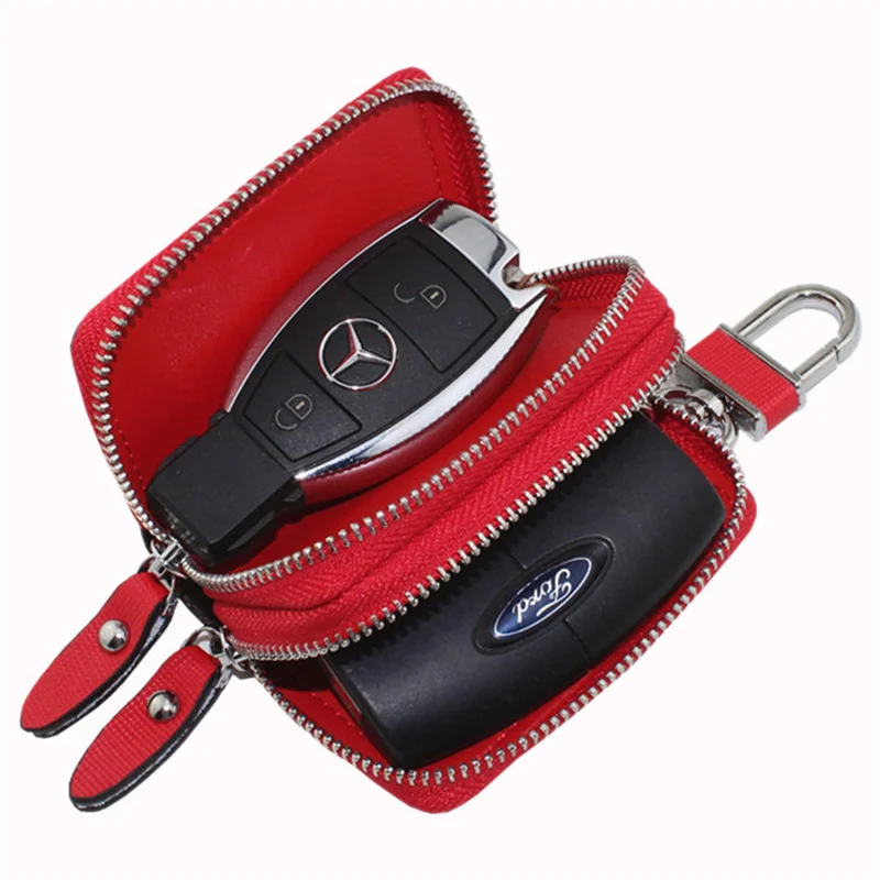 Genuine Leather Women Double Zipper Car Key Wallets Men Key Holder Fashion  Female Housekeeper Keychain Ladies Keys Bags