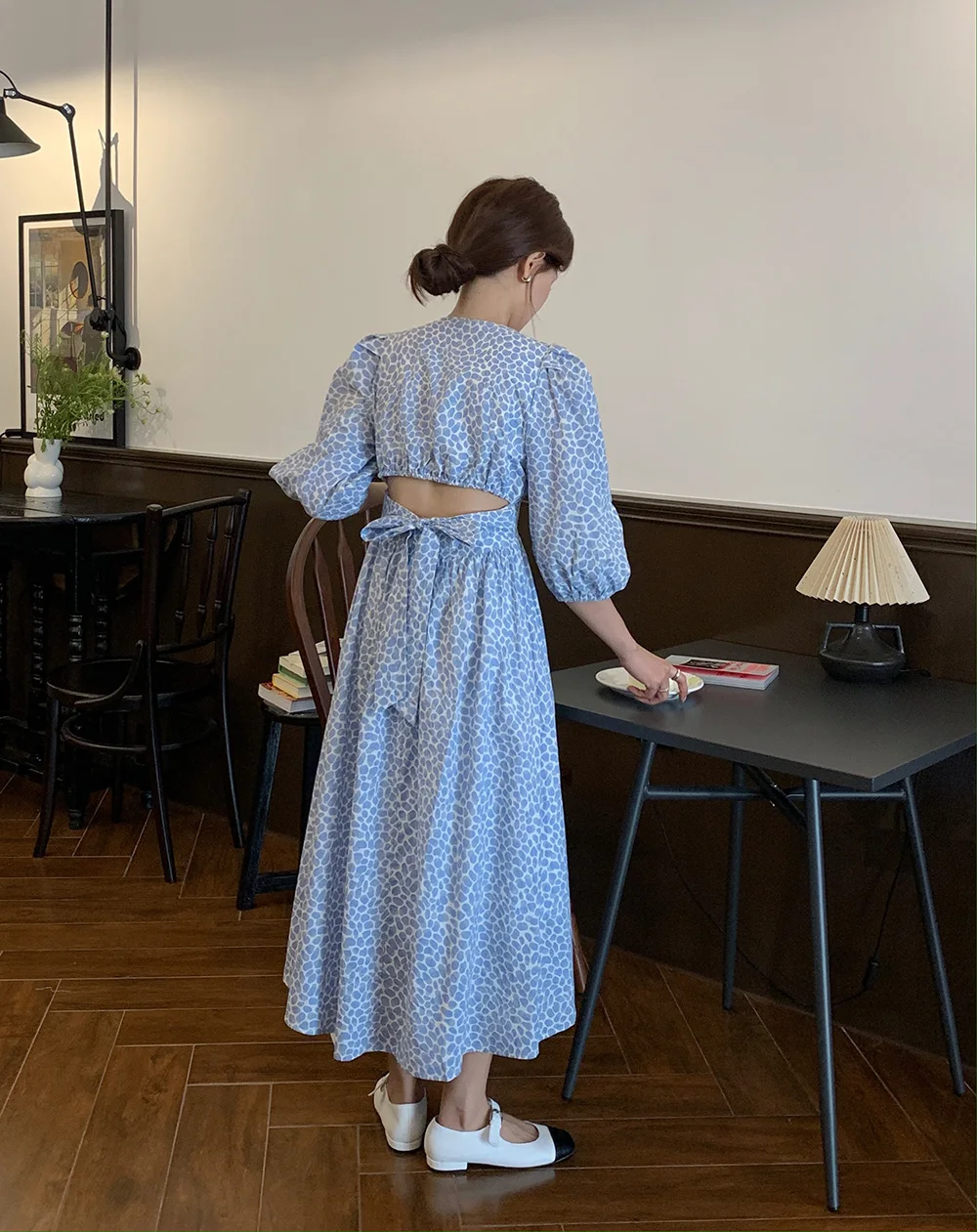 

Summer Elegant Women's Chiffon Dress Vintage Puff Sleeve V-Neck Lace-Up Backless Dress Female Vestidos