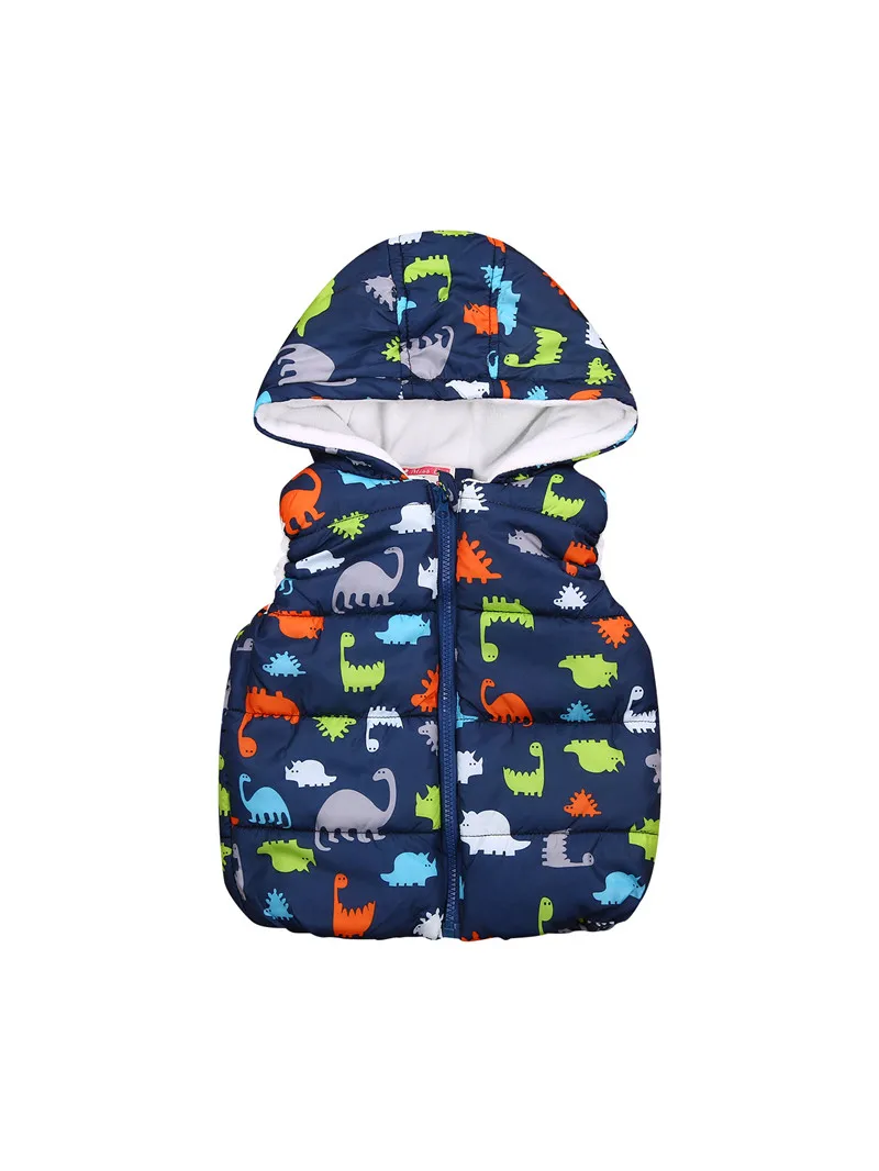 

Little Boy’s Outer Wear Hooded Vest Autumn and Winter Warm Dinosaur Printed Zipper Open Jacket