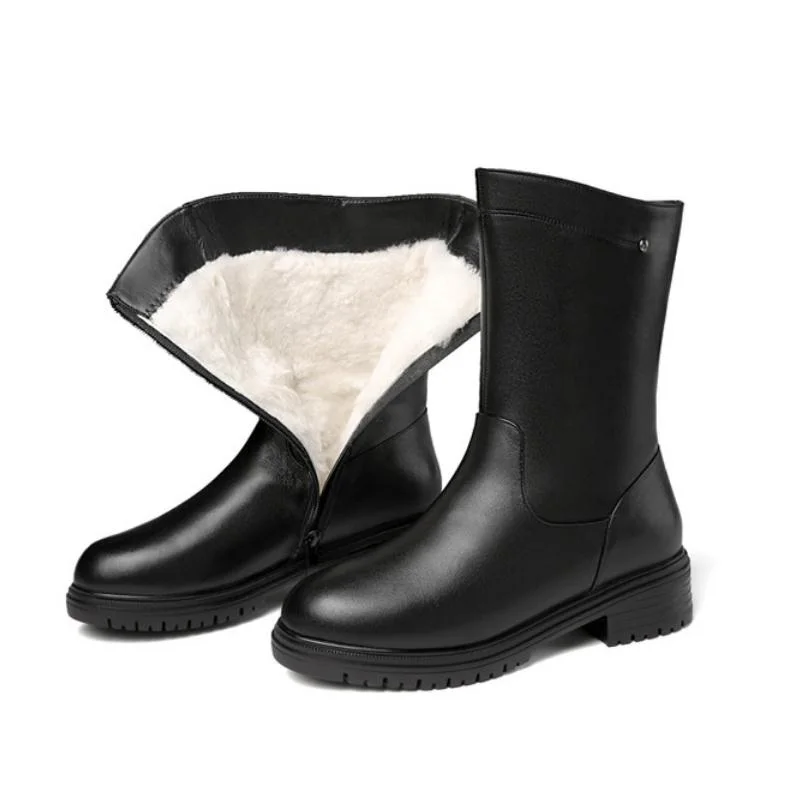 

Women's Wool Leather Boots Winter Warm Snow Boots Trendy Platform Round Toe Zipper 4.5cm Heel Mid Boots Black Big Yards 41 42 43