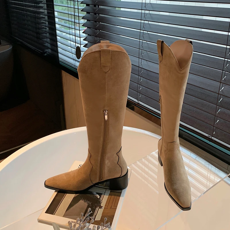 

ANNYMOLI Real Leather Long Boots Women Shoes Kid Suede High Heel Knee High Boots Pointed Toe Zip Block Heels Western Boots Black