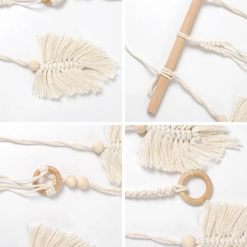 

Hand Knitting Tapestry Hanging Ornament Leaf Wooden Bead Woven Tapestry Cotton Rope Wall Crafts for Home
