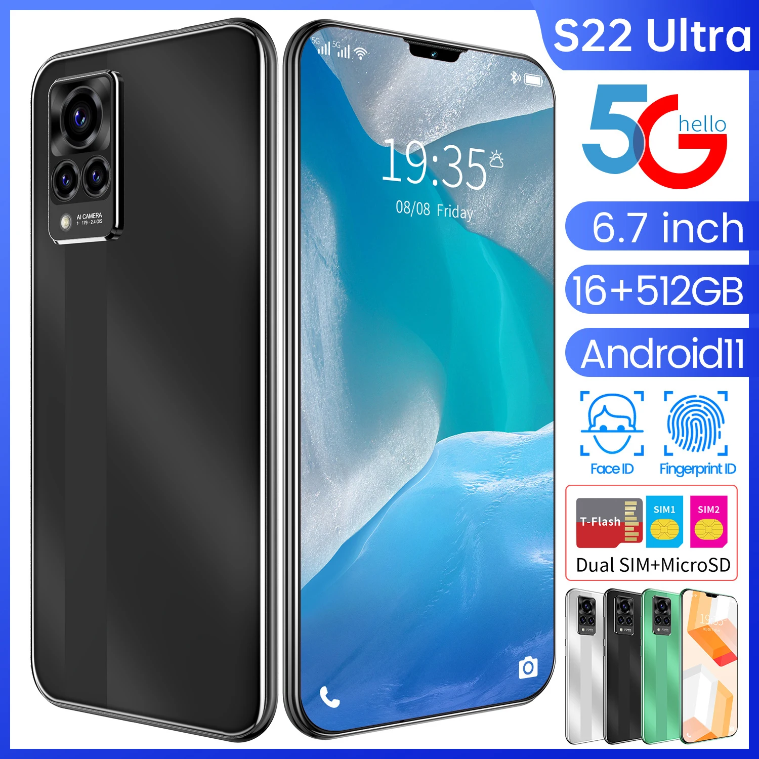 S22 Ultra 6.7inch Smartphones Android 11.0 6000mAh Dual SIM 16GB RAM 512GB ROM 32+64MP 4G LTE 5G MTK6889+ MobilePhones