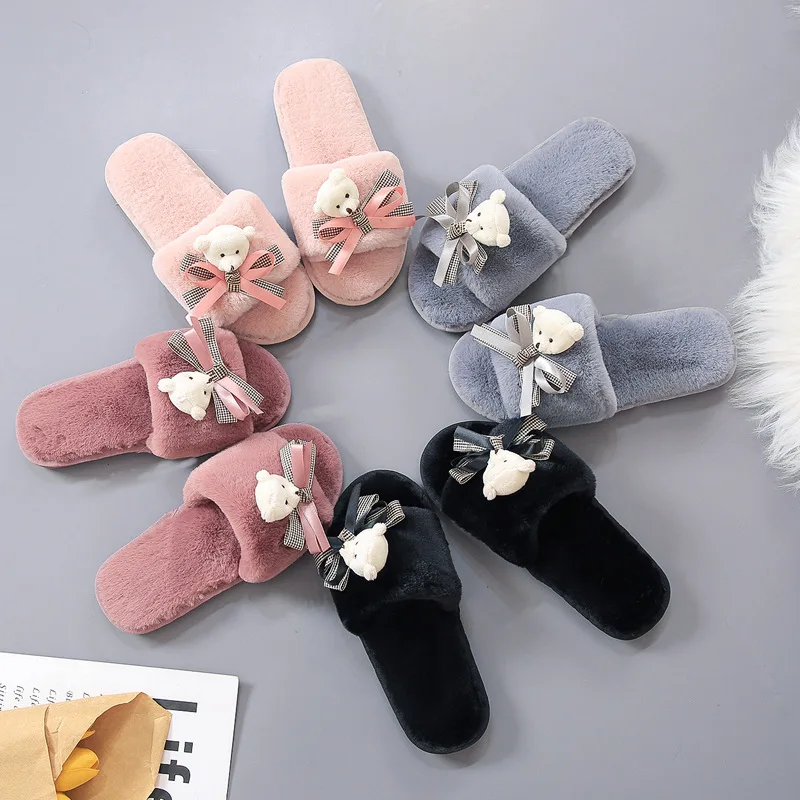 Серые зимние женские домашние тапочки с искусственным мехом Модные плюшевые