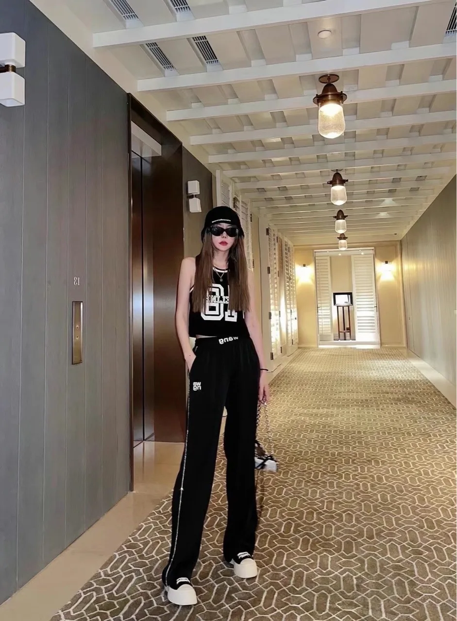 

Alexander AW letter nail diamond side diamond high waist female 21 summer new thin elastic waist trousers