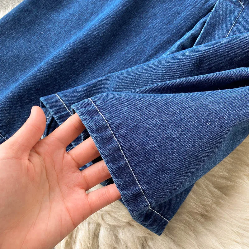 

Foamlina Women's Denim Skirt 2021 New Spring Fashion Belted High Waist Pockets Front Split Mid-calf Casual Female Jeans Skirt