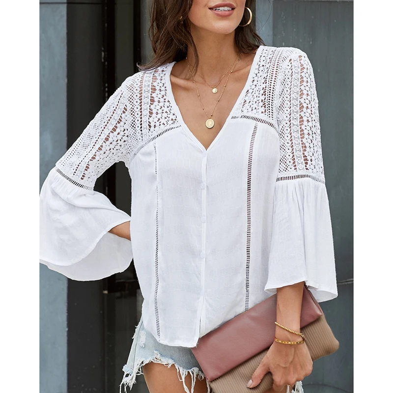 Women's V-Neck Lace Blouse Flare Long Sleeve Hollow Out Patchwork Blouses Female Ladies Casual Tops | Женская одежда