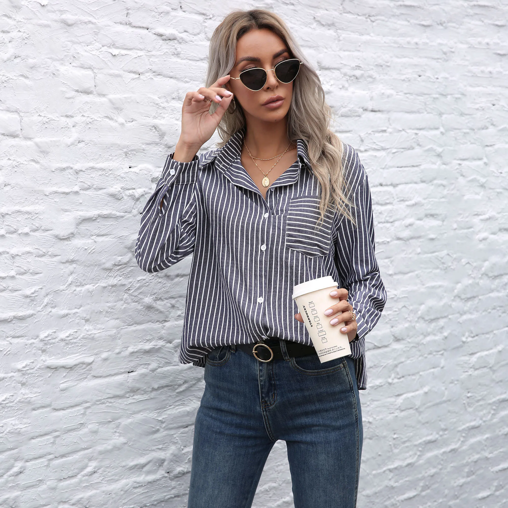 

Spring Autumn Striped Elegant Shirt Women Cardigan Button Vintage Blouse Turn-down Collar Work Office Ladies Female Casual Tops