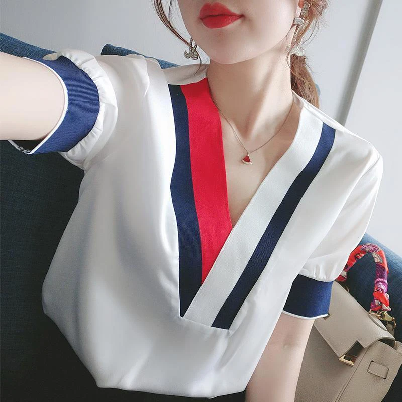 Women's Spring Summer Style Chiffon Blouses Shirt Elegant V-Neck Patchwork Korean Casual Tops DD9031 | Женская одежда