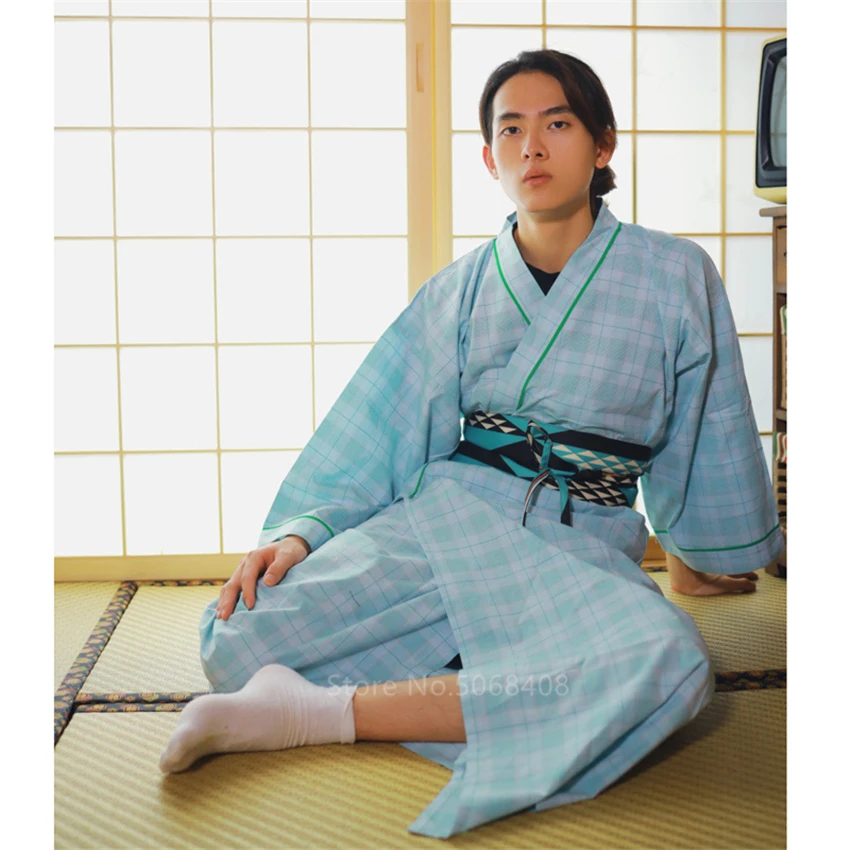 

2020 New Men Samurai Costume Japanese Style Traditional Costume Warrior Yukata Haori Obi Robe Sleepwear With Belt Blouse Spa