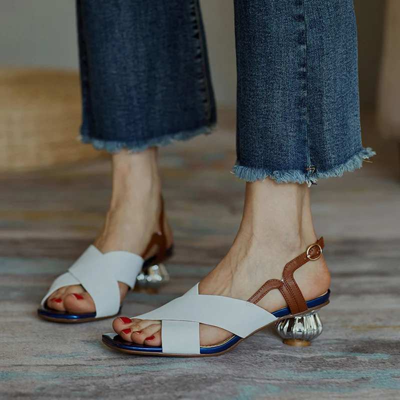 

2020 new arrival summer shallow women sandals fashion genuine leather shoes woman med heels pointed toe party shoes