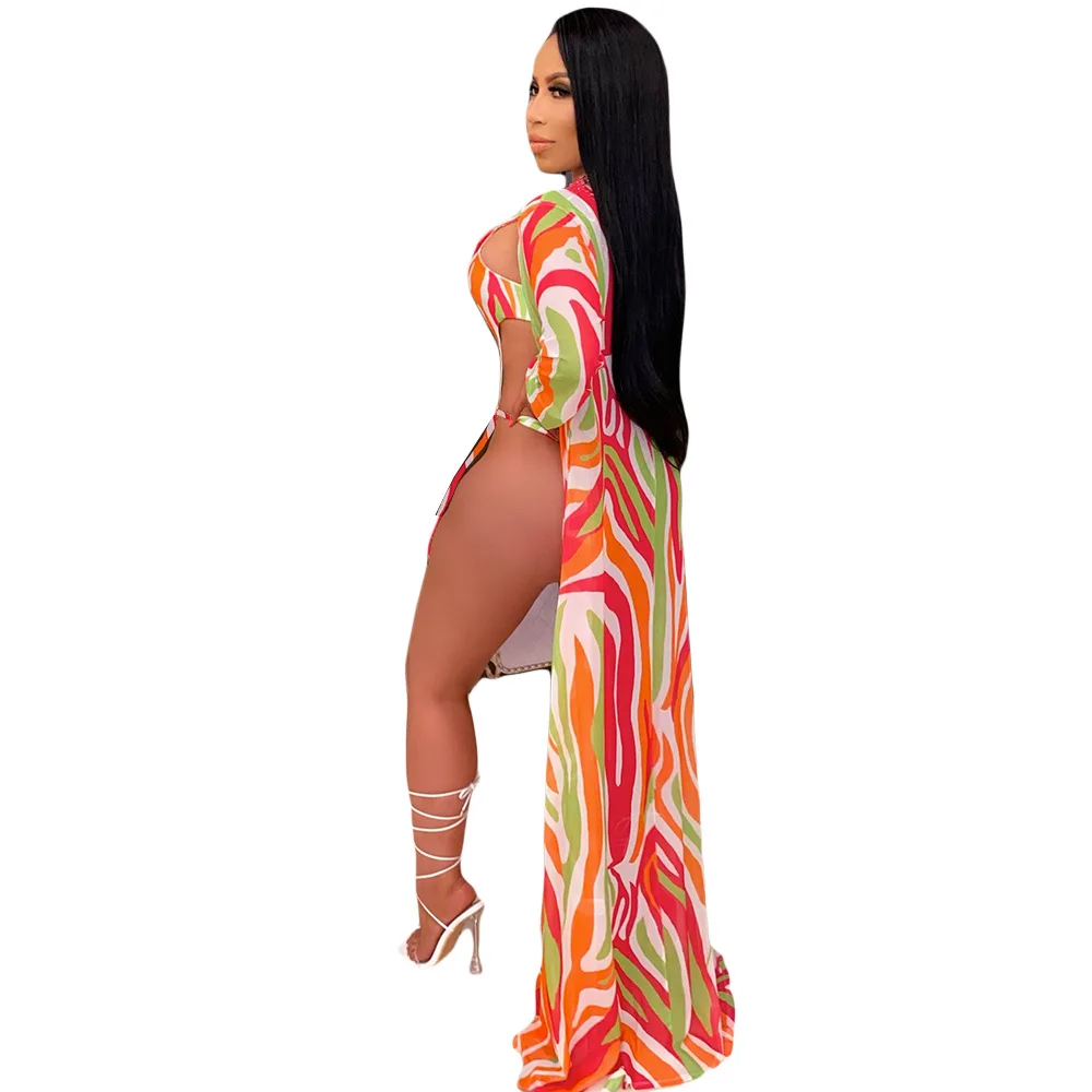 Summer Beach Fashion Printed X-long Cape One Piece Swimsuit Sexy Hollow Out Low Waist Bathing Suit Women Wholesale Dropshipping