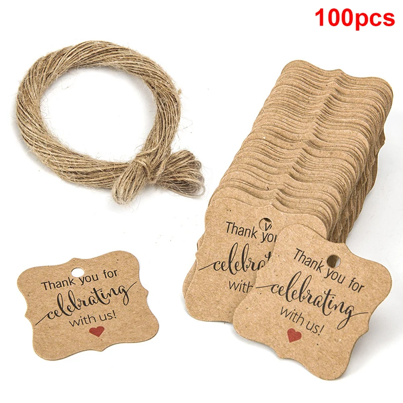 

100pcs Gift Wrapping Paper Label Wedding Rustic Party Decoration Thanks Label Suspension With Hemp Rope For Celebration