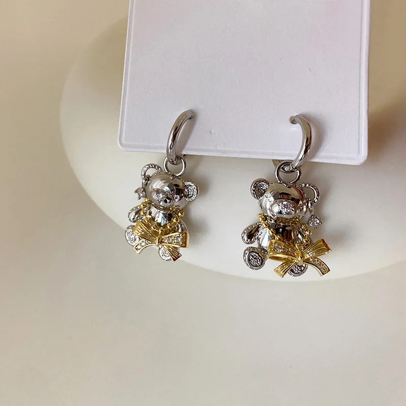 

Minar Kawail Shinning CZ Zircon Cartoon Bear Dangle Drop Earrings for Women Gold Bowknot Animal Hanging Earring Pendientes 2021