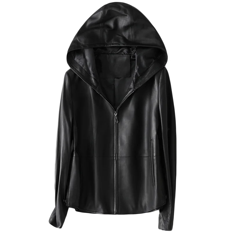 Fashion Casual Simple Style Female Short Zipper Hooded Real Sheep Leather Jacket Motorcycle With Pockets куртка женская осень