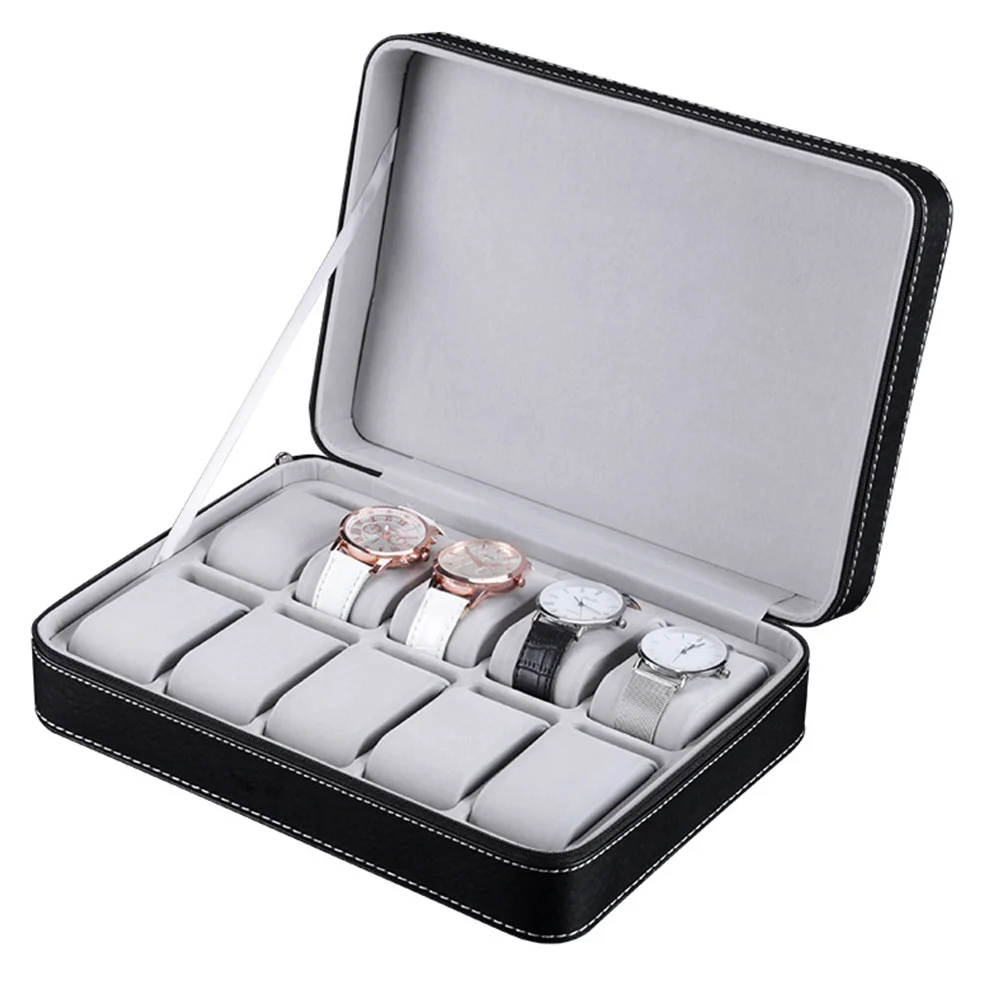 

Case 10 Grids Organizer Zipper Closure Counter Protective Watch Storage Box Display Portable Gift PU Leather Bracelet Packaging