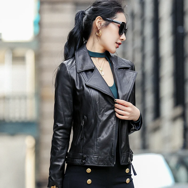 

Ptslan Genuine Leather Jacket Women Real Leather Coat Sheepskin Women's Short Motorcycle Biker Jacket Outerwear P3751