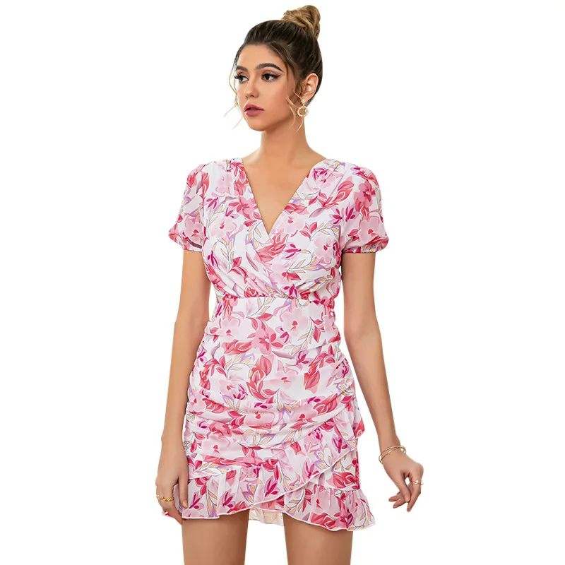 

Women's Floral Print Dress 2021 Summer Sundress Casual Fashion Ruffle Robe Pink Sexy V Neck Mini Short Sleeve Dresses Vestidos
