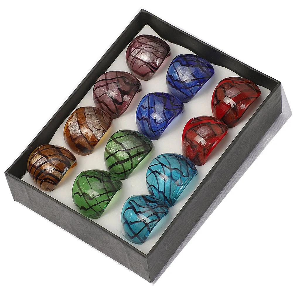 

QianBei New Wholesale 12Pcs Summer Women Handmade Translucent Murano Glass Ring New