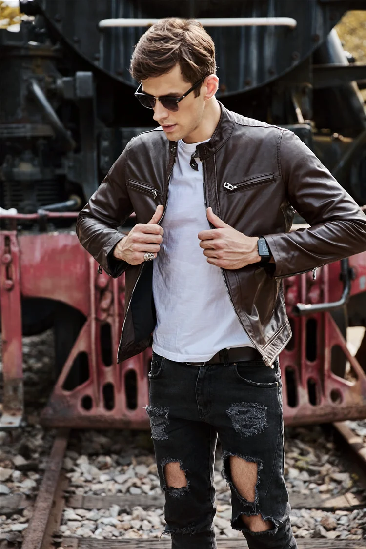 100% Модные мужские куртки из козьей кожи классическое облегающее кожаное пальто